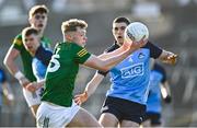 18 April 2023; Alan Bowden of Meath in action against Evan Nugent of Dublin during the Eirgrid Leinster GAA Football U20 Championship Semi-Final match between Meath and Dublin at Páirc Tailteann in Navan, Meath. Photo by Seb Daly/Sportsfile