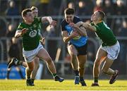 18 April 2023; Alex Gavin of Dublin in action against Brian O’Reilly, left, and John O’Regan of Meath during the Eirgrid Leinster GAA Football U20 Championship Semi-Final match between Meath and Dublin at Páirc Tailteann in Navan, Meath. Photo by Seb Daly/Sportsfile