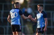 18 April 2023; Greg McEneaney, right, and Séamus Smith of Dublin after their side's victory in the Eirgrid Leinster GAA Football U20 Championship Semi-Final match between Meath and Dublin at Páirc Tailteann in Navan, Meath. Photo by Seb Daly/Sportsfile