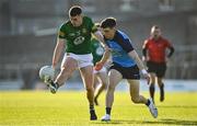 18 April 2023; Eoghan Frayne of Meath in action against Dan O’Leary of Dublin during the Eirgrid Leinster GAA Football U20 Championship Semi-Final match between Meath and Dublin at Páirc Tailteann in Navan, Meath. Photo by Seb Daly/Sportsfile