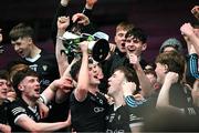 19 April 2023; Sligo captain Canice Mulligan lifts the cup after the EirGrid Connacht GAA Football U20 Championship Final match between Galway and Sligo at Tuam Stadium in Galway. Photo by Ray Ryan/Sportsfile