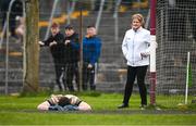 19 April 2023; Sligo goalkeeper Ethan Carden lays injured during the EirGrid Connacht GAA Football U20 Championship Final match between Galway and Sligo at Tuam Stadium in Galway. Photo by Ray Ryan/Sportsfile