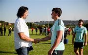 20 April 2023; Leinster Rugby players, together with Emirates Lions Community Rugby Officers, delivered a coaching clinic to the under-16 and under-19 teams, pictured Leinster Rugby player Brian Deeny meets former Springbok captain Victor Matfield at Allen Glen High School in Johannesburg, South Africa. Photo by Harry Murphy/Sportsfile