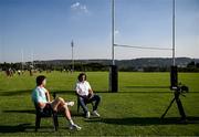 20 April 2023; Leinster Rugby players, together with Emirates Lions Community Rugby Officers, delivered a coaching clinic to the under-16 and under-19 teams, pictured is Leinster Rugby player Will Connors speaking with former Springbok Victor Matfield at Allen Glen High School in Johannesburg, South Africa. Photo by Harry Murphy/Sportsfile