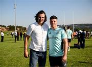 20 April 2023; Leinster Rugby players, together with Emirates Lions Community Rugby Officers, delivered a coaching clinic to the under-16 and under-19 teams, pictured Leinster Rugby player Ben Brownlee meets former Springbok captain Victor Matfield at Allen Glen High School in Johannesburg, South Africa. Photo by Harry Murphy/Sportsfile
