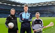 20 April 2023; In attendance at the announcement of an Official Charity Partnership between the GPA and Jack and Jill for 2023 are, from left, Kildare footballer Mary Hulgraine, Limerick hurler Dan Morrisey  and Galway Camogie player Aoife Donohue at Croke Park in Dublin. Photo by Sam Barnes/Sportsfile