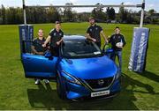 20 April 2023; Leinster players, from left, James Lowe, Luke McGrath, Caelan Doris and Ryan Baird at the announcement of the Windsor Motors and Leinster Rugby Sponsorship Extension at UCD in Dublin. Photo by David Fitzgerald/Sportsfile