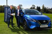 20 April 2023; Leinster Rugby sponsorship manager Eamon De Búrca, left, and Andrew O'Toole, Head of Nissan Sales, at the announcement of the Windsor Motors and Leinster Rugby Sponsorship Extension at UCD in Dublin. Photo by David Fitzgerald/Sportsfile
