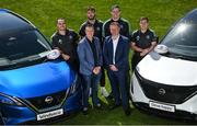 20 April 2023; Leinster Rugby sponsorship manager Eamon De Búrca, left, and Andrew O'Toole, Head of Nissan Sales, with Leinster players, from left, James Lowe, Caelan Doris, Ryan Baird and Luke McGrath at the announcement of the Windsor Motors and Leinster Rugby Sponsorship Extension at UCD in Dublin. Photo by David Fitzgerald/Sportsfile