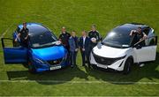 20 April 2023; Leinster Rugby sponsorship manager Eamon De Búrca, left, and Andrew O'Toole, Head of Nissan Sales, with Leinster players, from left, Luke McGrath, James Lowe, Ryan Baird and Caelan Doris at the announcement of the Windsor Motors and Leinster Rugby Sponsorship Extension at UCD in Dublin. Photo by David Fitzgerald/Sportsfile