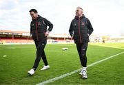 21 April 2023; Keith Ward, right, and Patrick Hoban of Dundalk before the SSE Airtricity Men's Premier Division match between Shelbourne and Dundalk at Tolka Park in Dublin. Photo by David Fitzgerald/Sportsfile