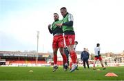 21 April 2023; Paddy Barrett, left, and Jack Moylan of Shelbourne before the SSE Airtricity Men's Premier Division match between Shelbourne and Dundalk at Tolka Park in Dublin. Photo by David Fitzgerald/Sportsfile