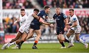 21 April 2023; Henry Pyrgos of Edinburgh is tackled by Robert Baloucoune of Ulster during the United Rugby Championship match between Ulster and Edinburgh at the Kingspan Stadium in Belfast. Photo by Ramsey Cardy/Sportsfile