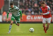 21 April 2023; Neil Farrugia of Shamrock Rovers in action against Anto Breslin of St Patrick's Athletic during the SSE Airtricity Men's Premier Division match between St Patrick's Athletic and Shamrock Rovers at Richmond Park in Dublin. Photo by Seb Daly/Sportsfile