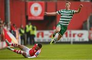 21 April 2023; Daniel Cleary of Shamrock Rovers in action against Jake Mulraney of St Patrick's Athletic during the SSE Airtricity Men's Premier Division match between St Patrick's Athletic and Shamrock Rovers at Richmond Park in Dublin. Photo by Seb Daly/Sportsfile
