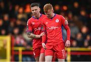 21 April 2023; Shane Farrell of Shelbourne, right, is consoled by team mate Luke Byrne after receiving a red card during the SSE Airtricity Men's Premier Division match between Shelbourne and Dundalk at Tolka Park in Dublin. Photo by David Fitzgerald/Sportsfile