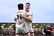 21 April 2023; Jacob Stockdale of Ulster celebrates with Craig Gilroy, right, after scoring their side's first try during the United Rugby Championship match between Ulster and Edinburgh at the Kingspan Stadium in Belfast. Photo by Ramsey Cardy/Sportsfile
