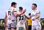 21 April 2023; Jacob Stockdale of Ulster celebrates with John Cooney, right, after scoring their side's first try during the United Rugby Championship match between Ulster and Edinburgh at the Kingspan Stadium in Belfast. Photo by Ramsey Cardy/Sportsfile