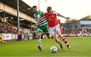 21 April 2023; Neil Farrugia of Shamrock Rovers in action against Chris Forrester of St Patrick's Athletic during the SSE Airtricity Men's Premier Division match between St Patrick's Athletic and Shamrock Rovers at Richmond Park in Dublin. Photo by Seb Daly/Sportsfile