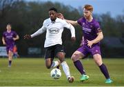 21 April 2023; Okwuy Otwuke of Finn Harps in action against Hugh Douglas of Wexford during the SSE Airtricity Men's First Division match between Wexford and Finn Harps at Ferrycarrig Park in Wexford. Photo by Michael P Ryan/Sportsfile