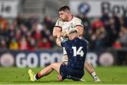 21 April 2023; Nick Timoney of Ulster is tackled by Darcy Graham of Edinburgh during the United Rugby Championship match between Ulster and Edinburgh at the Kingspan Stadium in Belfast. Photo by Ramsey Cardy/Sportsfile