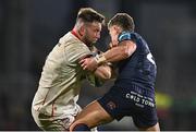 21 April 2023; Alan O'Connor of Ulster is tackled by Mark Bennett of Edinburgh during the United Rugby Championship match between Ulster and Edinburgh at the Kingspan Stadium in Belfast. Photo by Ramsey Cardy/Sportsfile