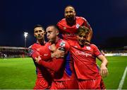 21 April 2023; Jack Moylan of Shelbourne, centre, celebrates with team mates after he scored their side's first goal during the SSE Airtricity Men's Premier Division match between Shelbourne and Dundalk at Tolka Park in Dublin. Photo by David Fitzgerald/Sportsfile