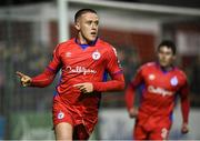 21 April 2023; Jack Moylan of Shelbourne celebrates after scoring his side's first goal during the SSE Airtricity Men's Premier Division match between Shelbourne and Dundalk at Tolka Park in Dublin. Photo by David Fitzgerald/Sportsfile