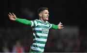 21 April 2023; Trevor Clarke of Shamrock Rovers celebrates after scoring his side's second goal during the SSE Airtricity Men's Premier Division match between St Patrick's Athletic and Shamrock Rovers at Richmond Park in Dublin. Photo by Seb Daly/Sportsfile