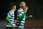 21 April 2023; Graham Burke of Shamrock Rovers celebrates his side's second goal, scored by teammate Trevor Clarke, not pictured, during the SSE Airtricity Men's Premier Division match between St Patrick's Athletic and Shamrock Rovers at Richmond Park in Dublin. Photo by Seb Daly/Sportsfile