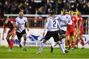 21 April 2023; Rayhan Tullock of Dundalk, right, celebrates after scoring his side's first goal during the SSE Airtricity Men's Premier Division match between Shelbourne and Dundalk at Tolka Park in Dublin. Photo by David Fitzgerald/Sportsfile