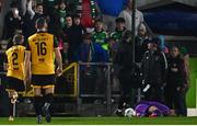 21 April 2023; Derry City goalkeeper Brian Maher after being hit by a missile thrown from the crowd during the SSE Airtricity Men's Premier Division match between Cork City and Derry City at Turner's Cross in Cork. Photo by Eóin Noonan/Sportsfile