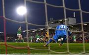 21 April 2023; Cork City goalkeeper Jimmy Corcoran fails to stop a shot on goal by Michael Duffy of Derry City during the SSE Airtricity Men's Premier Division match between Cork City and Derry City at Turner's Cross in Cork. Photo by Eóin Noonan/Sportsfile