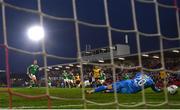 21 April 2023; Cork City goalkeeper Jimmy Corcoran fails to stop a shot on goal by Michael Duffy of Derry City during the SSE Airtricity Men's Premier Division match between Cork City and Derry City at Turner's Cross in Cork. Photo by Eóin Noonan/Sportsfile