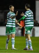 21 April 2023; Lee Grace, left, and Neil Farrugia of Shamrock Rovers celebrate after their side's victory in the SSE Airtricity Men's Premier Division match between St Patrick's Athletic and Shamrock Rovers at Richmond Park in Dublin. Photo by Seb Daly/Sportsfile