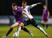 21 April 2023; Mark Hanratty of Wexford in action against Ryan Flood of Finn Harps during the SSE Airtricity Men's First Division match between Wexford and Finn Harps at Ferrycarrig Park in Wexford. Photo by Michael P Ryan/Sportsfile
