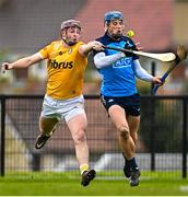 22 April 2023; Paul Crummey of Dublin in action against Eoghan Campbell of Antrim before the Leinster GAA Hurling Senior Championship Round 1 match between Antrim and Dublin at Corrigan Park in Belfast. Photo by Ramsey Cardy/Sportsfile