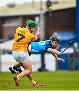 22 April 2023; Conal Bohill of Antrim in action against Danny Sutcliffe of Dublin during the Leinster GAA Hurling Senior Championship Round 1 match between Antrim and Dublin at Corrigan Park in Belfast. Photo by Ramsey Cardy/Sportsfile