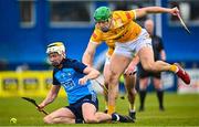22 April 2023; Mark Grogan of Dublin in action against Conal Bohill of Antrim during the Leinster GAA Hurling Senior Championship Round 1 match between Antrim and Dublin at Corrigan Park in Belfast. Photo by Ramsey Cardy/Sportsfile