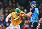 22 April 2023; Gerard Walsh of Antrim in action against Paul Crummey of Dublin during the Leinster GAA Hurling Senior Championship Round 1 match between Antrim and Dublin at Corrigan Park in Belfast. Photo by Ramsey Cardy/Sportsfile