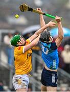 22 April 2023; Gerard Walsh of Antrim in action against Danny Sutcliffe of Dublin during the Leinster GAA Hurling Senior Championship Round 1 match between Antrim and Dublin at Corrigan Park in Belfast. Photo by Ramsey Cardy/Sportsfile