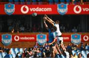 22 April 2023; Ruan Nortje of Vodacom Bulls takes possession in a lineout ahead of Max Deegan of Leinster during the United Rugby Championship match between Vodacom Bulls and Leinster at Loftus Versfeld Stadium in Pretoria, South Africa. Photo by Harry Murphy/Sportsfile