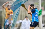 22 April 2023; Sean Currie of Dublin reacts after a missed goal chance during the Leinster GAA Hurling Senior Championship Round 1 match between Antrim and Dublin at Corrigan Park in Belfast. Photo by Ramsey Cardy/Sportsfile