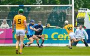 22 April 2023; Seaan Elliott of Antrim scores his side's first goal during the Leinster GAA Hurling Senior Championship Round 1 match between Antrim and Dublin at Corrigan Park in Belfast. Photo by Ramsey Cardy/Sportsfile