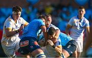 22 April 2023; Chris Cosgrave of Leinster is tackled by Ruan Vermaak and Ruan Nortje of Vodacom Bulls during the United Rugby Championship match between Vodacom Bulls and Leinster at Loftus Versfeld Stadium in Pretoria, South Africa. Photo by Harry Murphy/Sportsfile