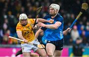 22 April 2023; Paddy Burke of Antrim in action against Chris O'Leary of Dublin during the Leinster GAA Hurling Senior Championship Round 1 match between Antrim and Dublin at Corrigan Park in Belfast. Photo by Ramsey Cardy/Sportsfile