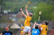 22 April 2023; Eoghan Campbell of Antrim wins possession during the Leinster GAA Hurling Senior Championship Round 1 match between Antrim and Dublin at Corrigan Park in Belfast. Photo by Ramsey Cardy/Sportsfile