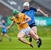 22 April 2023; Gerard Walsh of Antrim in action against Darragh Power of Dublin during the Leinster GAA Hurling Senior Championship Round 1 match between Antrim and Dublin at Corrigan Park in Belfast. Photo by Ramsey Cardy/Sportsfile