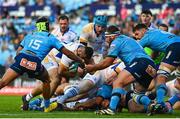 22 April 2023; Michael Milne of Leinster on his way to scoring his side's first try despite the tackle of Kurt-Lee Arendse and Gerhard Steenekamp of Vodacom Bulls  during the United Rugby Championship match between Vodacom Bulls and Leinster at Loftus Versfeld Stadium in Pretoria, South Africa. Photo by Harry Murphy/Sportsfile