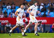 22 April 2023; Liam Molony and Conor O’Tighearnaigh of Leinster run on for their debuts during the United Rugby Championship match between Vodacom Bulls and Leinster at Loftus Versfeld Stadium in Pretoria, South Africa. Photo by Harry Murphy/Sportsfile